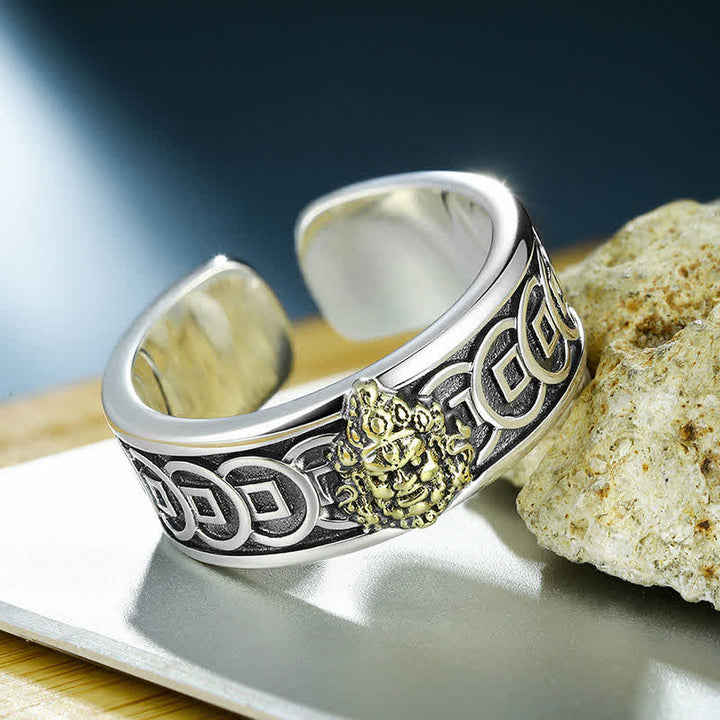 Buddha Stones Tibetan Copper Plated With Silver Yellow Jambhala Protection Ring - image 1