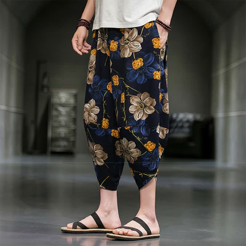 Buddha Stones Summer Casual Boho Floral Capri Pants Men's Tapered Pants With Pockets - image 6