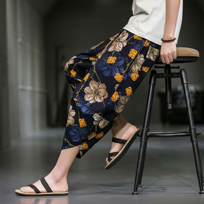 Buddha Stones Summer Casual Boho Floral Capri Pants Men's Tapered Pants With Pockets - MidnightBlue - US/UK/AU46，EU56 (5XL) - image 0
