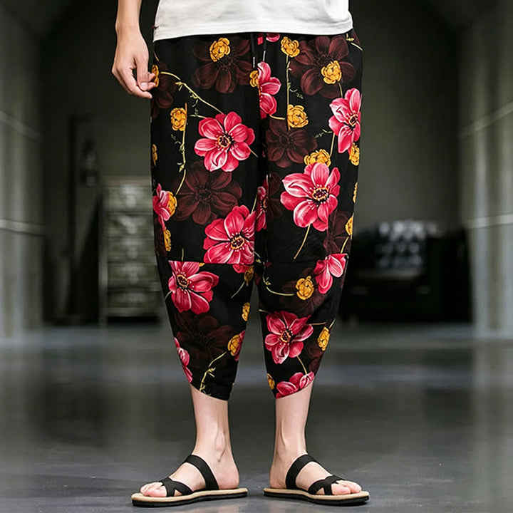 Buddha Stones Summer Casual Boho Floral Capri Pants Men's Tapered Pants With Pockets - Crimson - US/UK/AU48, EU58 (5XL) - image 18