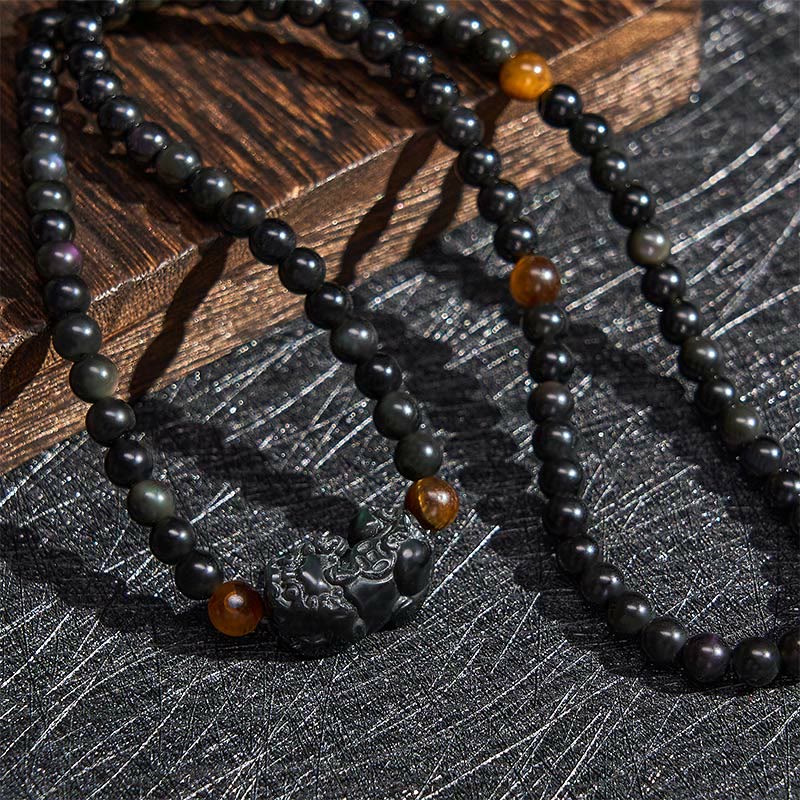 Buddha Stones PiXiu Rainbow Obsidian Black Obsidian Wealth Hand Carved Bead Bracelet - image 5