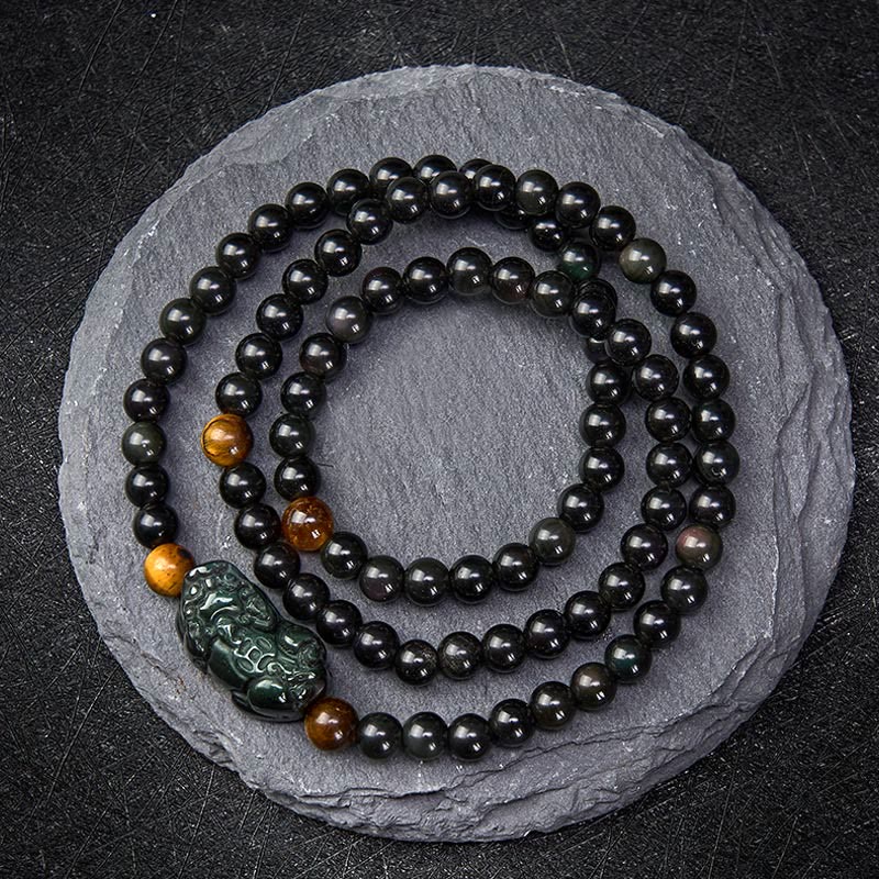 Buddha Stones PiXiu Rainbow Obsidian Black Obsidian Wealth Hand Carved Bead Bracelet - Rainbow Obsidian Bead(Color Shifts in Light) - 6mm - image 0