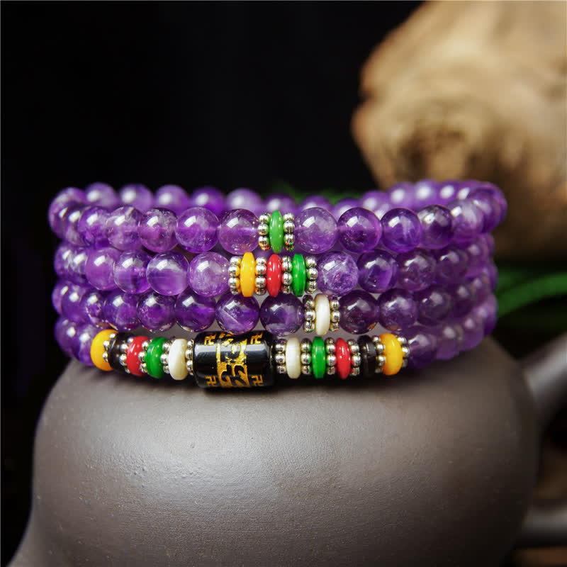 Buddha Stones Amethyst Om Mani Padme Hum Purity Prayer 108 Bead Mala - image 2