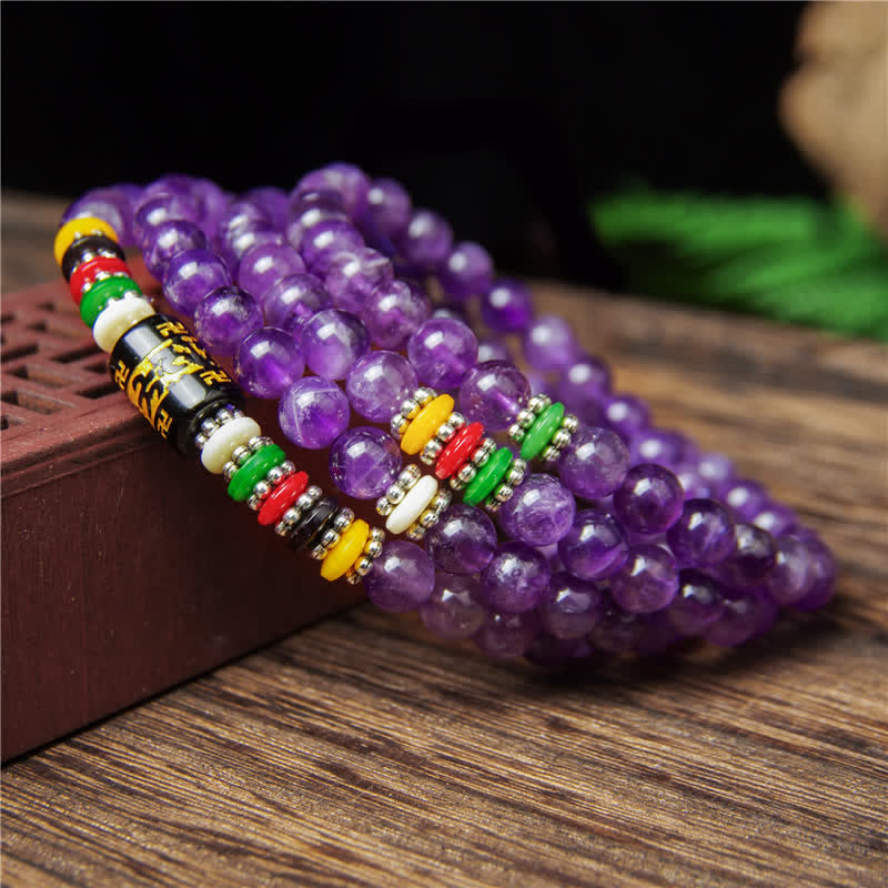 Buddha Stones Amethyst Om Mani Padme Hum Purity Prayer 108 Bead Mala - image 8