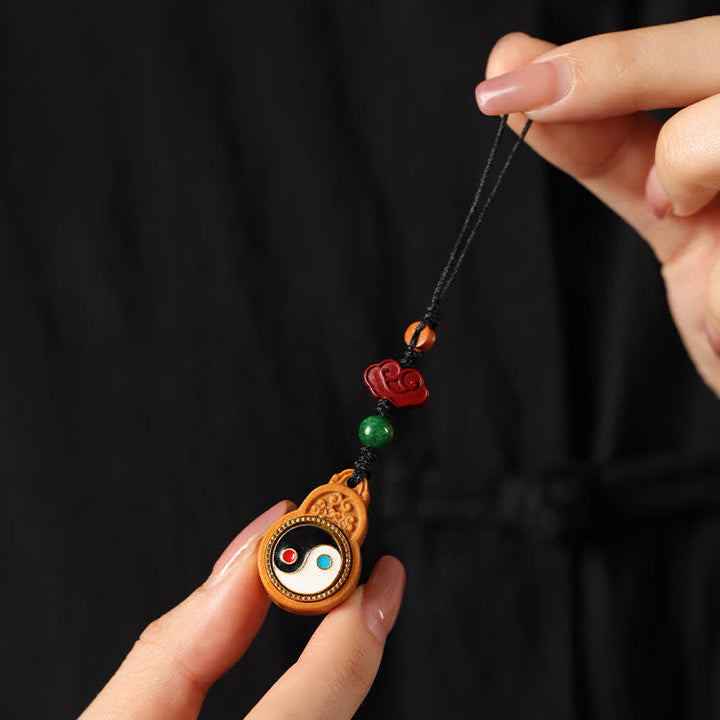 Buddha Stones Green Sandalwood Bagua Yin Yang Protection Gourd Phone Hanging Decoration - Sandalwood(Meditation ♥ Serenity) - image 0