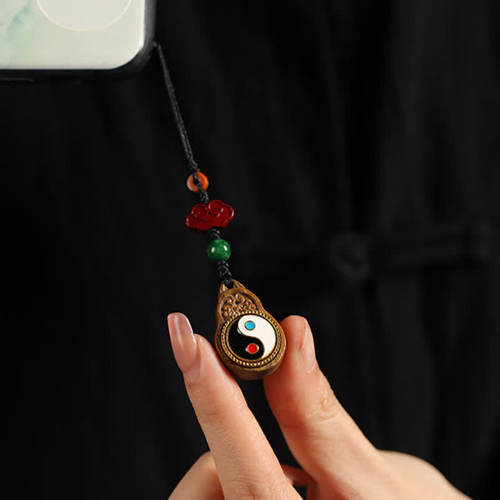 Buddha Stones Green Sandalwood Bagua Yin Yang Protection Gourd Phone Hanging Decoration - Green Sandalwood(Meditation ♥ Healing) - image 13