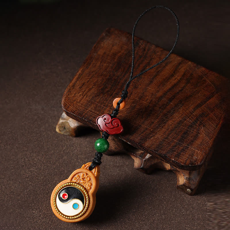 Buddha Stones Green Sandalwood Bagua Yin Yang Protection Gourd Phone Hanging Decoration - image 1