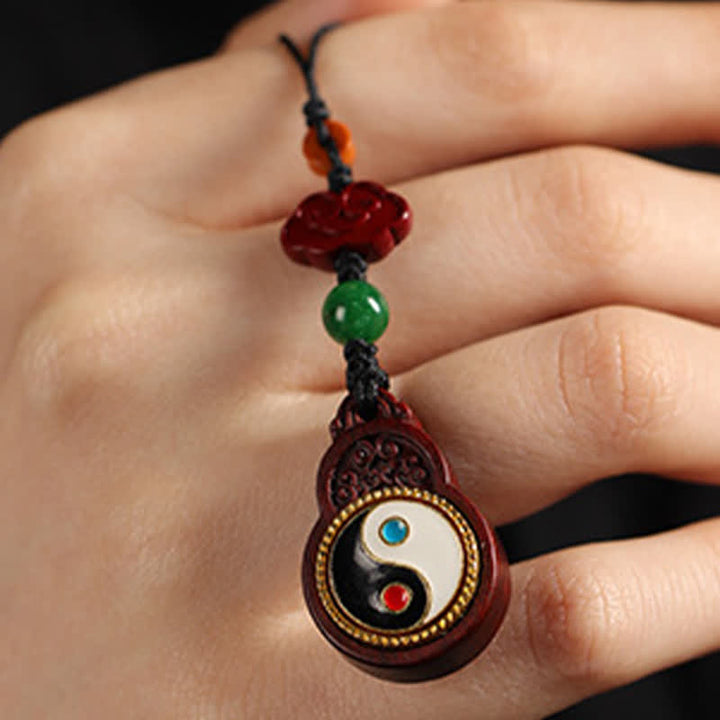 Buddha Stones Green Sandalwood Bagua Yin Yang Protection Gourd Phone Hanging Decoration - image 18
