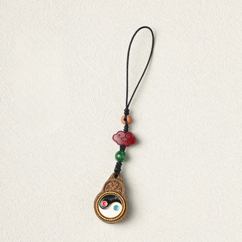 Buddha Stones Green Sandalwood Bagua Yin Yang Protection Gourd Phone Hanging Decoration - image 16
