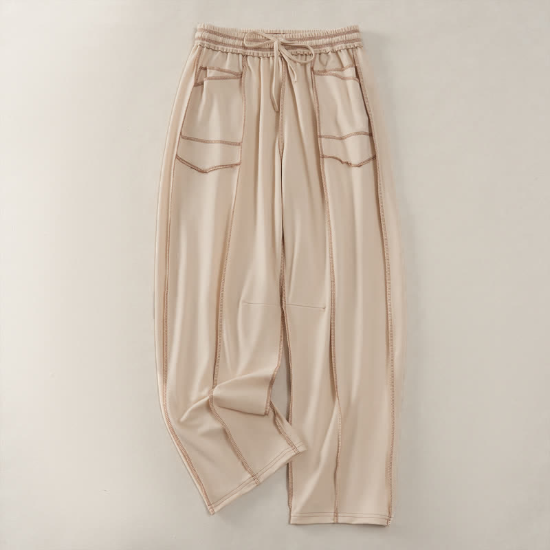 Buddha Stones Summer Casual Minimalist Drawstring Patch Pocket Solid Ankle Pants Women's Straight Leg Pants With Pocket - Beige - US8-10, UK/AU12-14, EU40-42 (2XL) - image 0