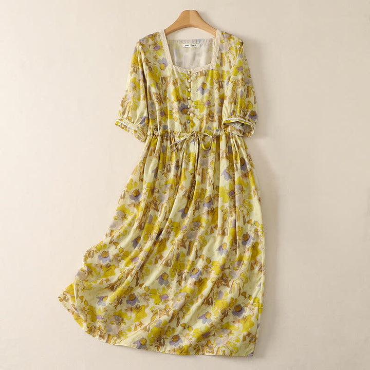 Buddha Stones Spring Summer Vintage Drawstring Floral Women's Short Sleeve Dresses With Pocket - Khaki - US14, UK/AU18, EU46 (2XL) - image 0