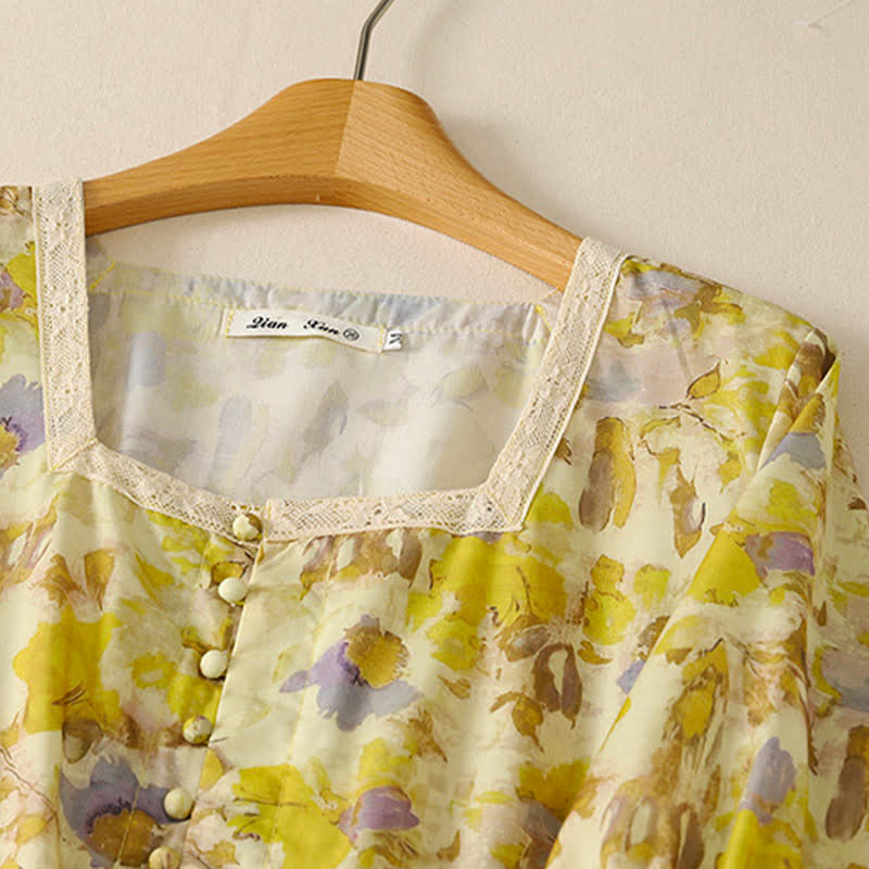 Buddha Stones Spring Summer Vintage Drawstring Floral Women's Short Sleeve Dresses With Pocket - image 4