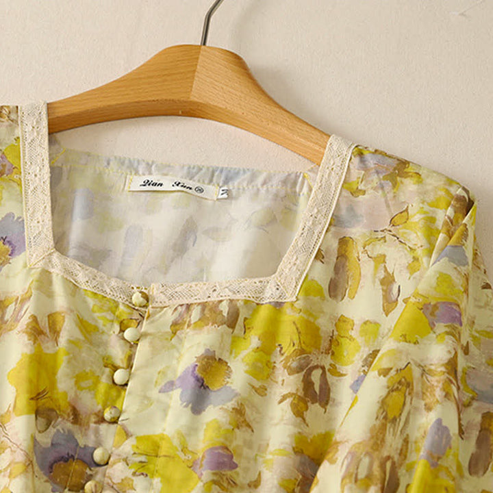 Buddha Stones Spring Summer Vintage Drawstring Floral Women's Short Sleeve Dresses With Pocket - image 4