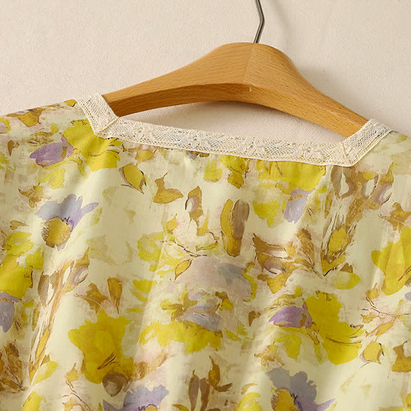 Buddha Stones Spring Summer Vintage Drawstring Floral Women's Short Sleeve Dresses With Pocket - image 3