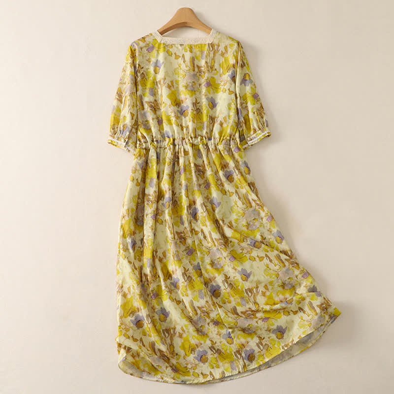 Buddha Stones Spring Summer Vintage Drawstring Floral Women's Short Sleeve Dresses With Pocket - image 1
