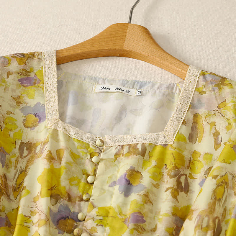 Buddha Stones Spring Summer Vintage Drawstring Floral Women's Short Sleeve Dresses With Pocket - image 2