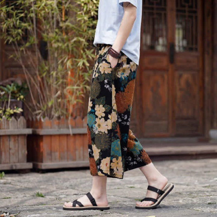 Buddha Stones Summer Boho Vintage Drawstring Floral Capri Pants Men's Straight Leg Pants With Pocket - image 5