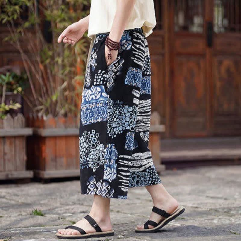 Buddha Stones Summer Boho Vintage Drawstring Floral Capri Pants Men's Straight Leg Pants With Pocket - image 10