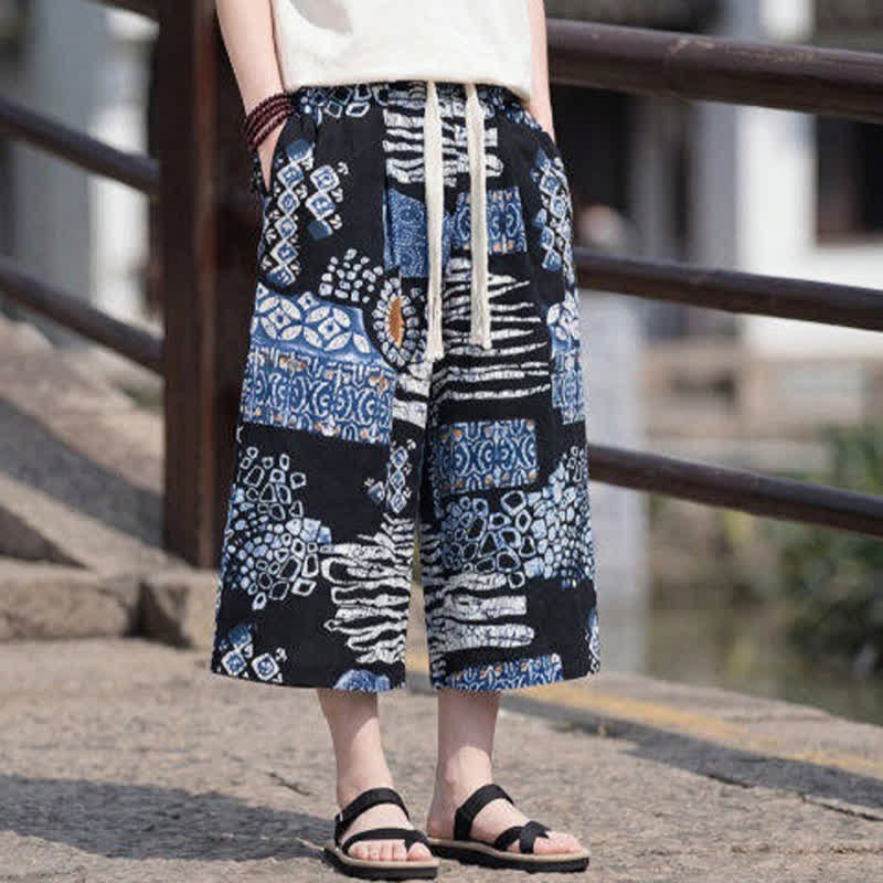 Buddha Stones Summer Boho Vintage Drawstring Floral Capri Pants Men's Straight Leg Pants With Pocket - image 12