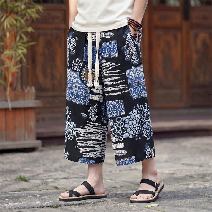 Buddha Stones Summer Boho Vintage Drawstring Floral Capri Pants Men's Straight Leg Pants With Pocket - SteelBlue - US/UK/AU46, EU56 (5XL) - image 7