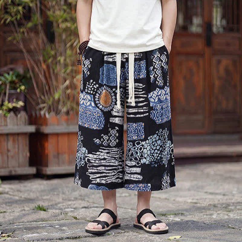 Buddha Stones Summer Boho Vintage Drawstring Floral Capri Pants Men's Straight Leg Pants With Pocket - image 8
