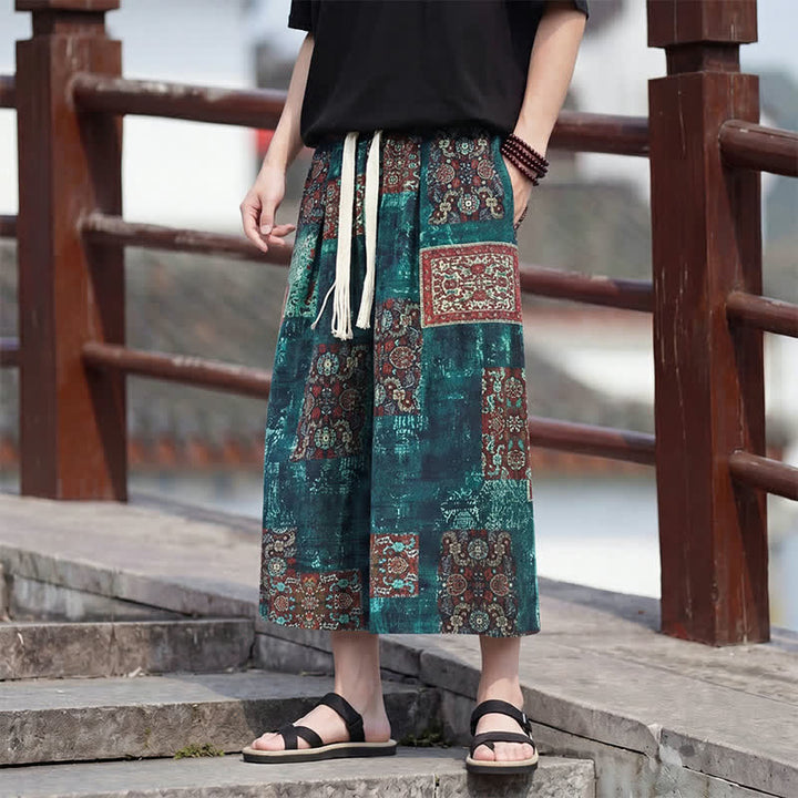 Buddha Stones Summer Boho Vintage Drawstring Floral Capri Pants Men's Straight Leg Pants With Pocket - image 25