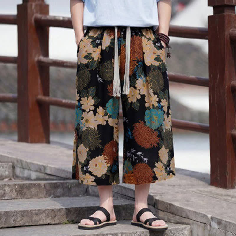 Buddha Stones Summer Boho Vintage Drawstring Floral Capri Pants Men's Straight Leg Pants With Pocket - image 1