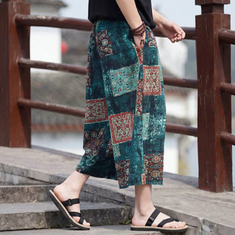 Buddha Stones Summer Boho Vintage Drawstring Floral Capri Pants Men's Straight Leg Pants With Pocket - image 27