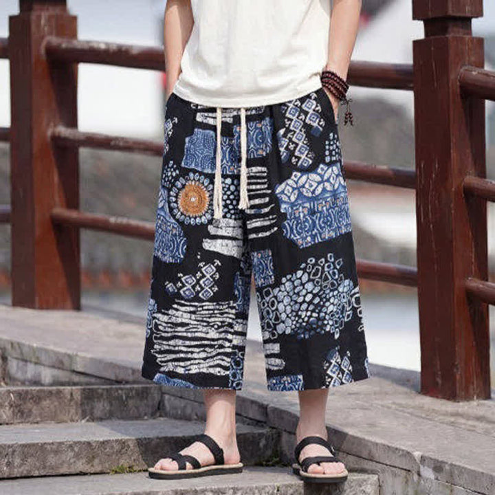 Buddha Stones Summer Boho Vintage Drawstring Floral Capri Pants Men's Straight Leg Pants With Pocket - image 13