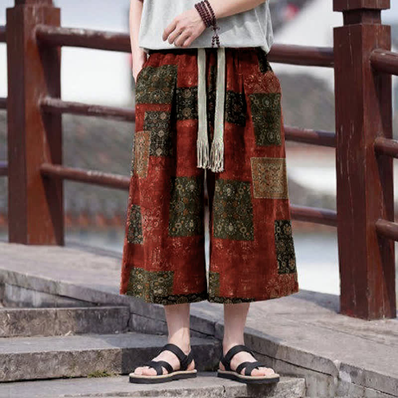 Buddha Stones Summer Boho Vintage Drawstring Floral Capri Pants Men's Straight Leg Pants With Pocket - Sienna - US/UK/AU46, EU56 (5XL) - image 15