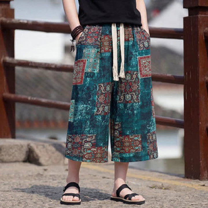 Buddha Stones Summer Boho Vintage Drawstring Floral Capri Pants Men's Straight Leg Pants With Pocket - image 24