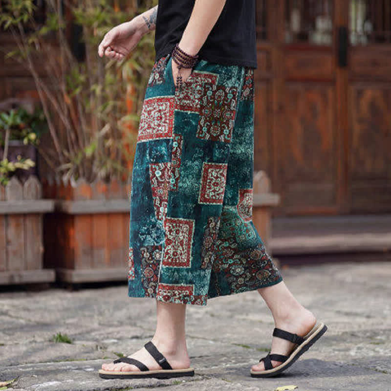 Buddha Stones Summer Boho Vintage Drawstring Floral Capri Pants Men's Straight Leg Pants With Pocket - image 29