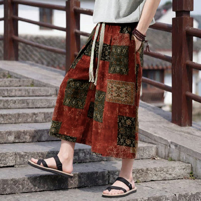 Buddha Stones Summer Boho Vintage Drawstring Floral Capri Pants Men's Straight Leg Pants With Pocket - image 17