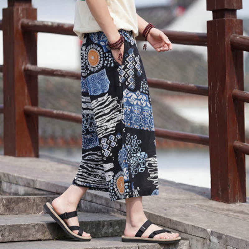 Buddha Stones Summer Boho Vintage Drawstring Floral Capri Pants Men's Straight Leg Pants With Pocket - image 9