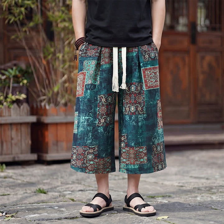 Buddha Stones Summer Boho Vintage Drawstring Floral Capri Pants Men's Straight Leg Pants With Pocket - Teal - US/UK/AU46, EU56 (5XL) - image 23
