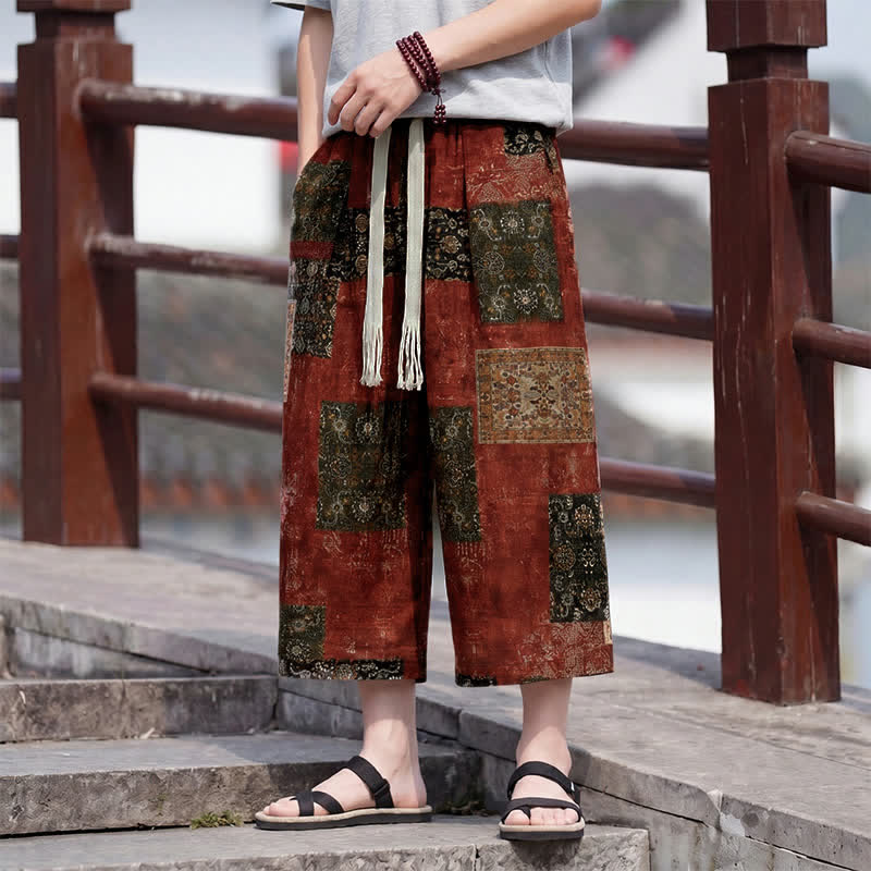 Buddha Stones Summer Boho Vintage Drawstring Floral Capri Pants Men's Straight Leg Pants With Pocket - image 16