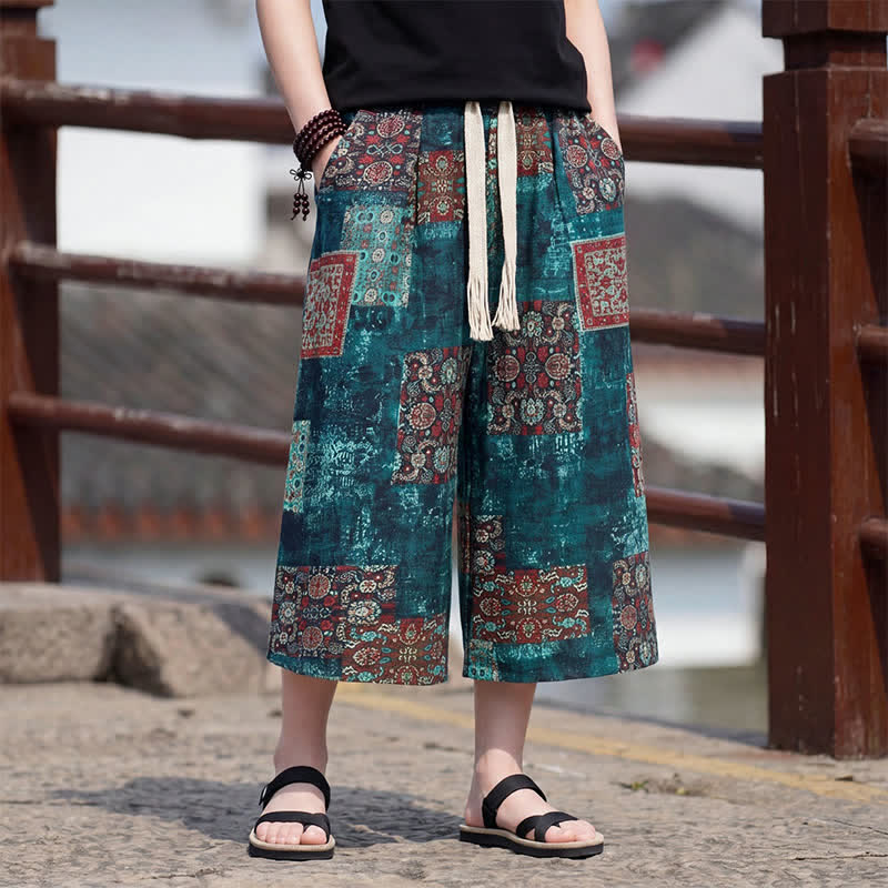 Buddha Stones Summer Boho Vintage Drawstring Floral Capri Pants Men's Straight Leg Pants With Pocket - image 28