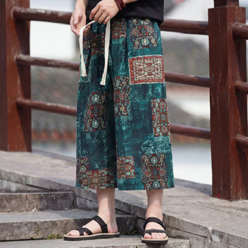 Buddha Stones Summer Boho Vintage Drawstring Floral Capri Pants Men's Straight Leg Pants With Pocket - image 30