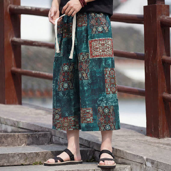 Buddha Stones Summer Boho Vintage Drawstring Floral Capri Pants Men's Straight Leg Pants With Pocket - image 30
