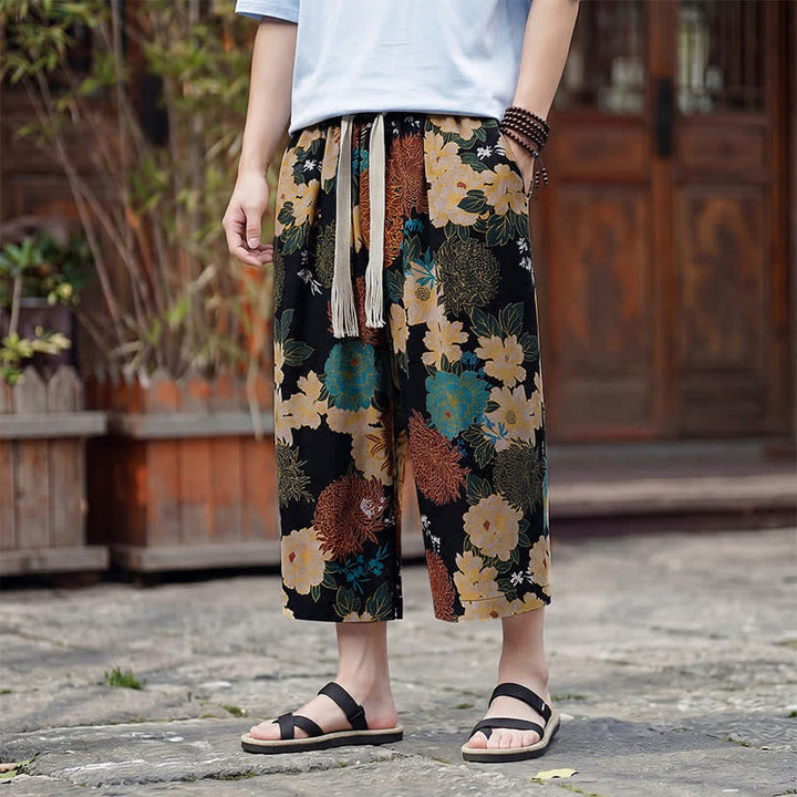 Buddha Stones Summer Boho Vintage Drawstring Floral Capri Pants Men's Straight Leg Pants With Pocket - Black - US/UK/AU46, EU56 (5XL) - image 0