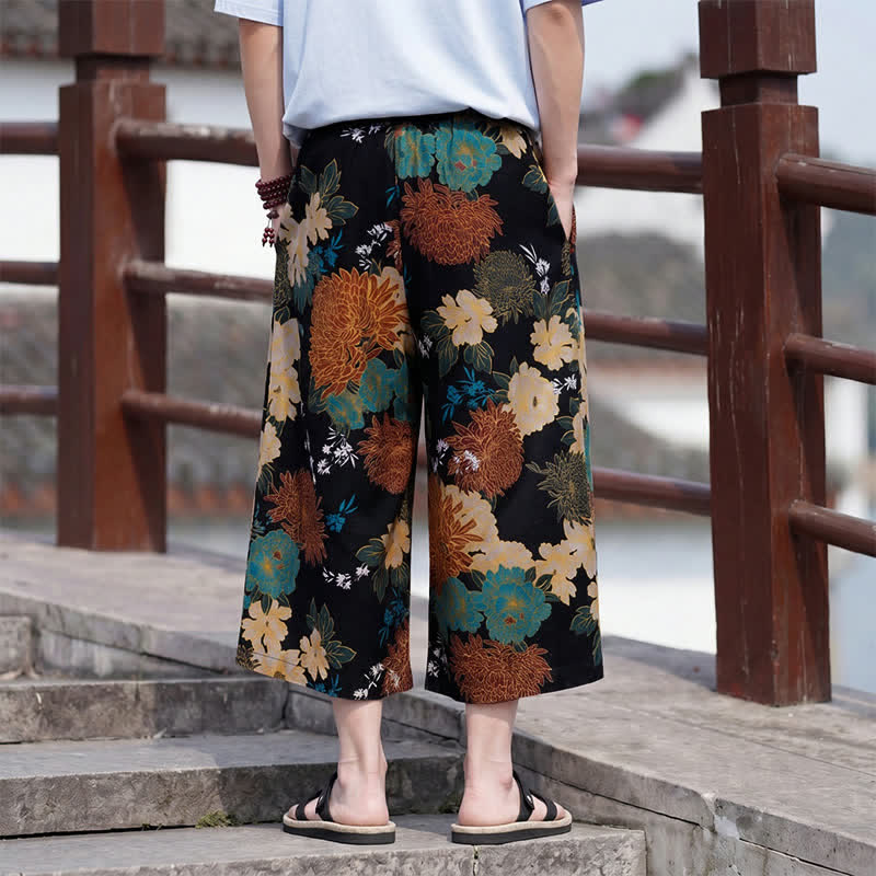 Buddha Stones Summer Boho Vintage Drawstring Floral Capri Pants Men's Straight Leg Pants With Pocket - image 3