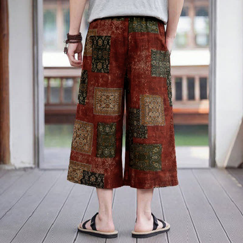 Buddha Stones Summer Boho Vintage Drawstring Floral Capri Pants Men's Straight Leg Pants With Pocket - image 19