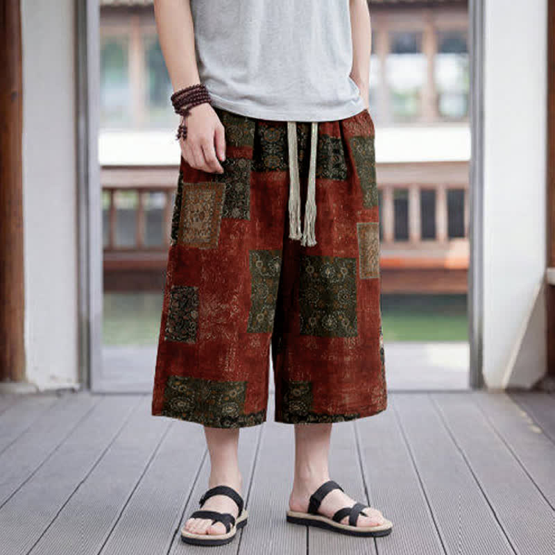 Buddha Stones Summer Boho Vintage Drawstring Floral Capri Pants Men's Straight Leg Pants With Pocket - image 20