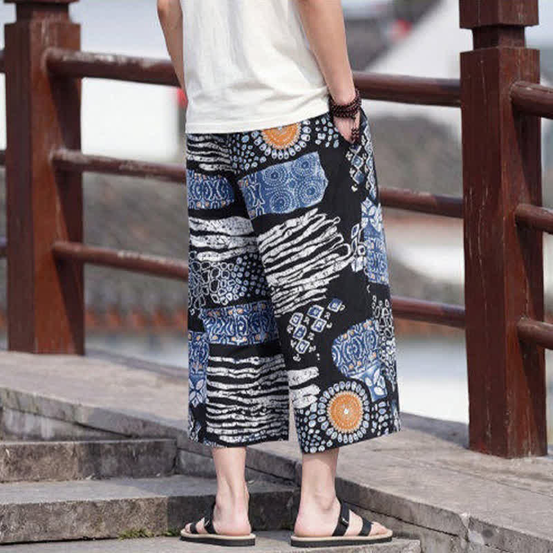 Buddha Stones Summer Boho Vintage Drawstring Floral Capri Pants Men's Straight Leg Pants With Pocket - image 11