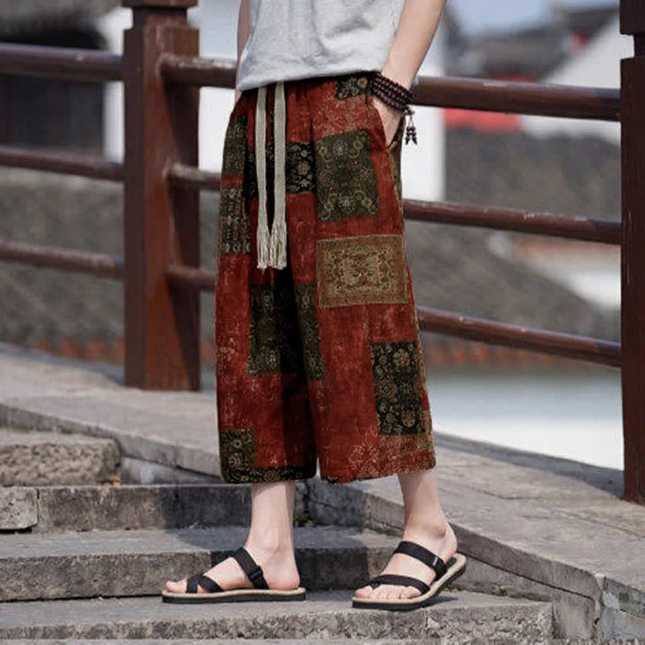 Buddha Stones Summer Boho Vintage Drawstring Floral Capri Pants Men's Straight Leg Pants With Pocket - image 18