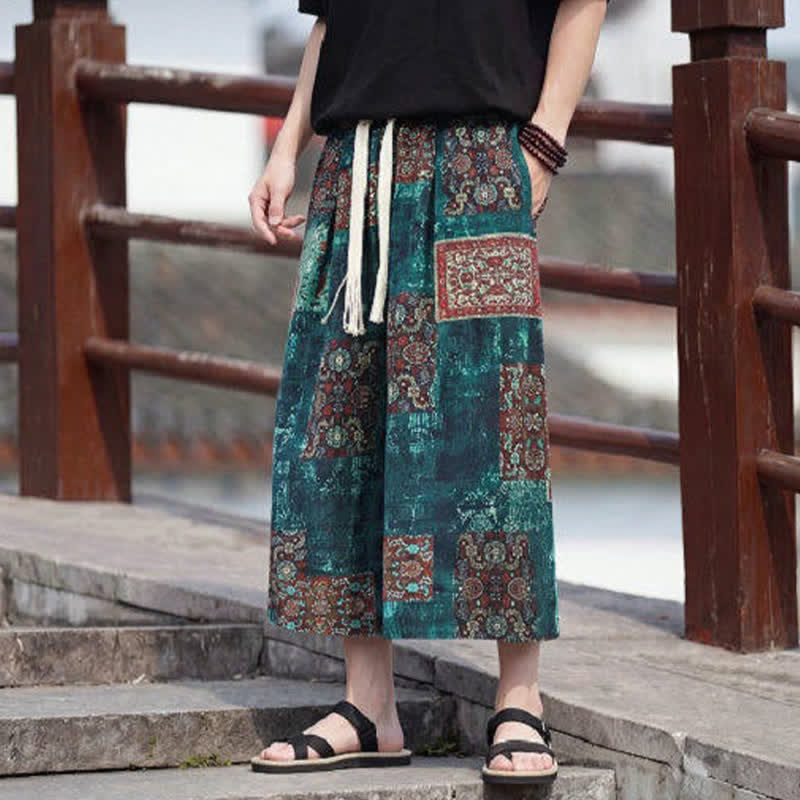 Buddha Stones Summer Boho Vintage Drawstring Floral Capri Pants Men's Straight Leg Pants With Pocket - image 31