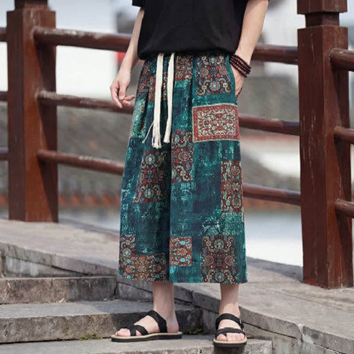Buddha Stones Summer Boho Vintage Drawstring Floral Capri Pants Men's Straight Leg Pants With Pocket - image 31