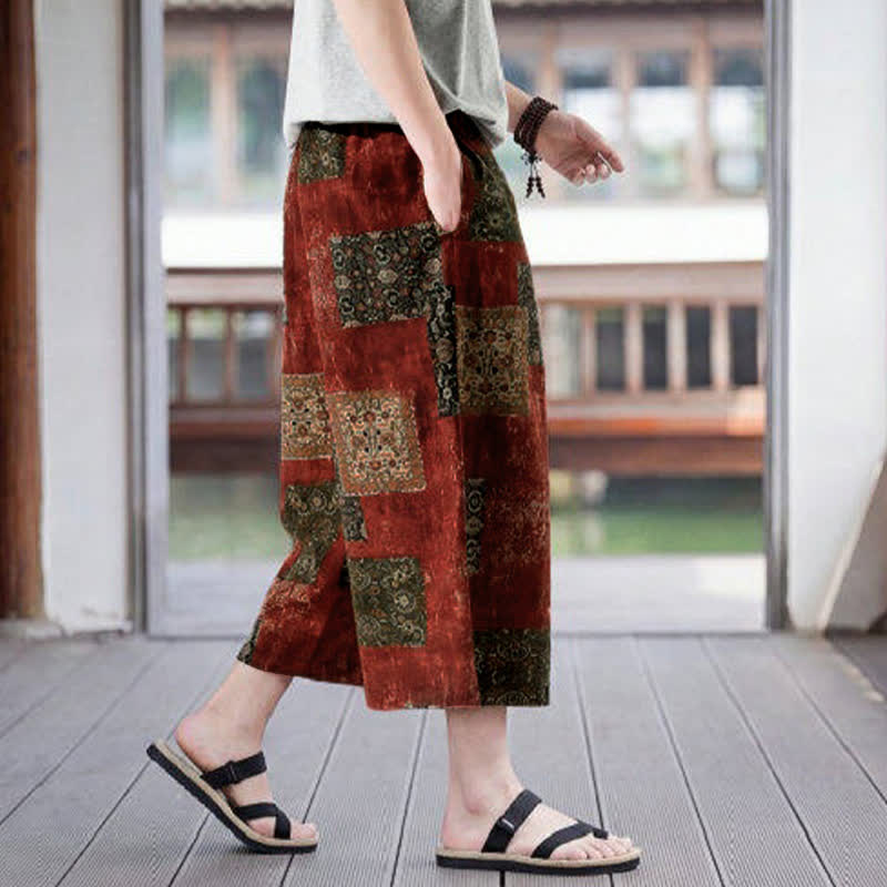 Buddha Stones Summer Boho Vintage Drawstring Floral Capri Pants Men's Straight Leg Pants With Pocket - image 21