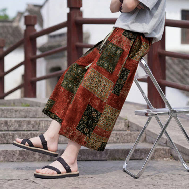 Buddha Stones Summer Boho Vintage Drawstring Floral Capri Pants Men's Straight Leg Pants With Pocket - image 22