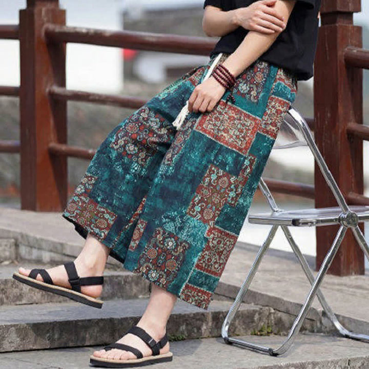 Buddha Stones Summer Boho Vintage Drawstring Floral Capri Pants Men's Straight Leg Pants With Pocket - image 32